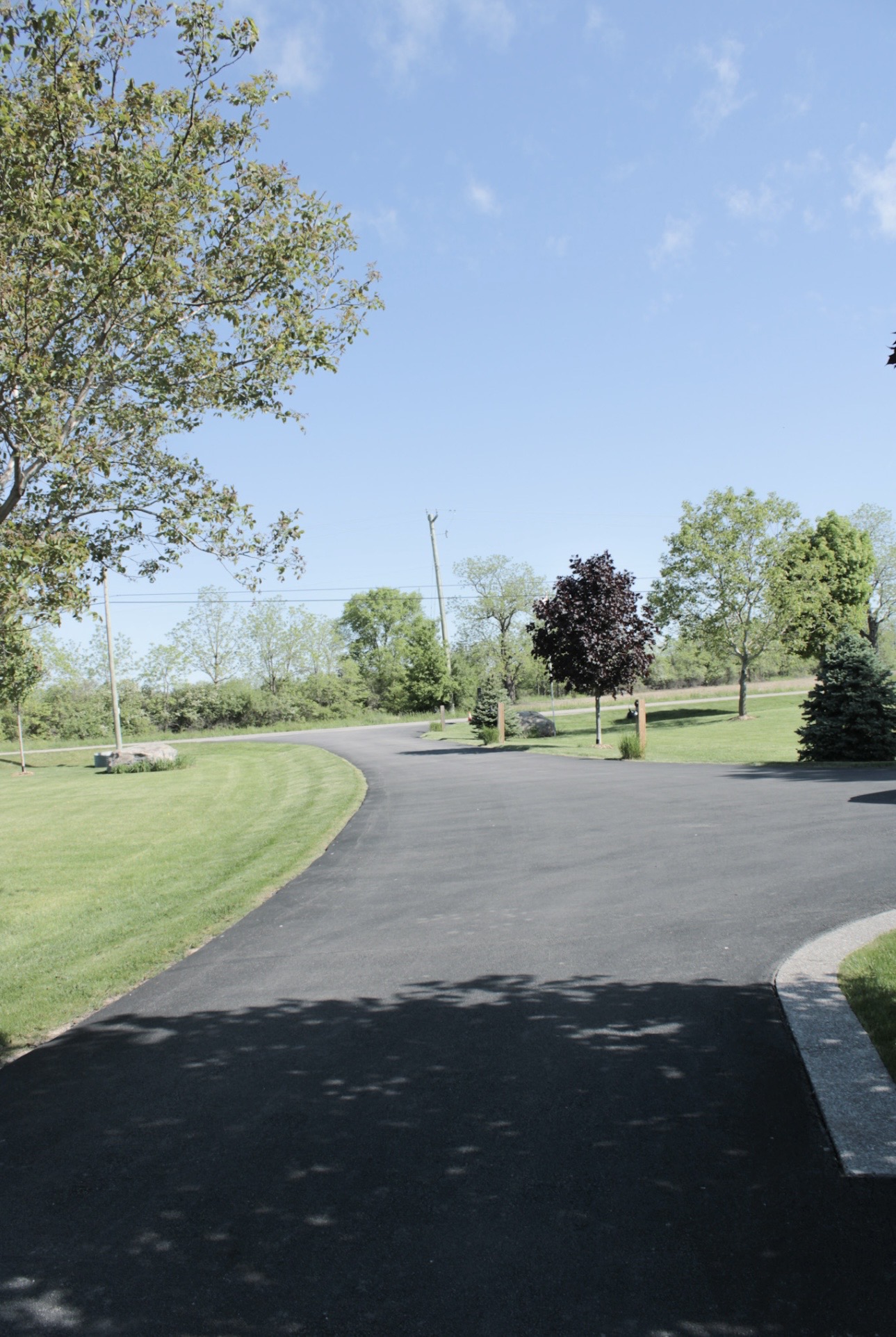 Finished asphalt driveway through landscaped property